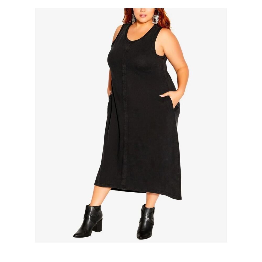 City Chic Women's Plus Black Sleeveless Classic Midi Dress Pockets L/20 NOWT